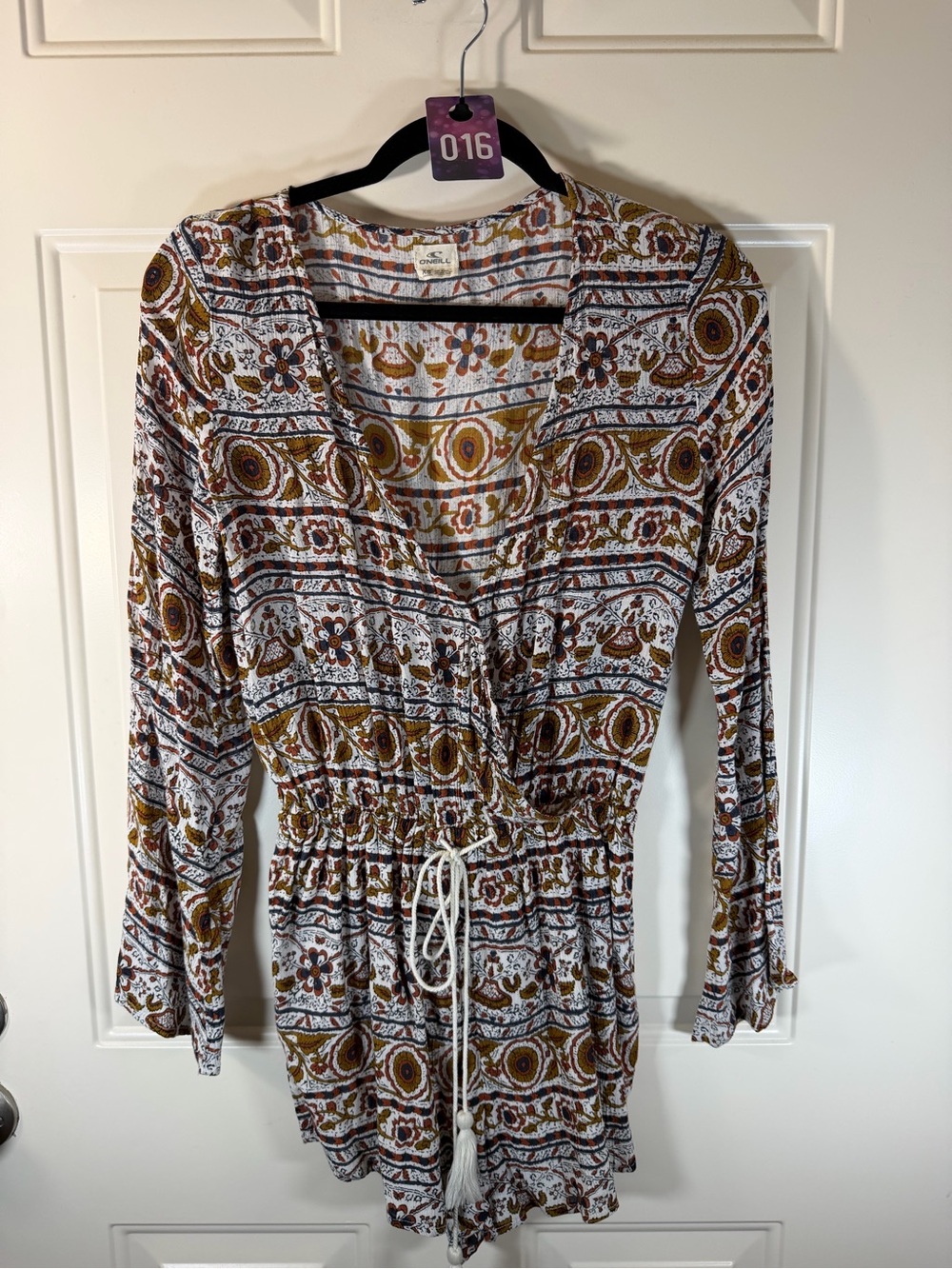 O’Neill Boho Print Romper XS Long Sleeve Tassel Tie Festival 016